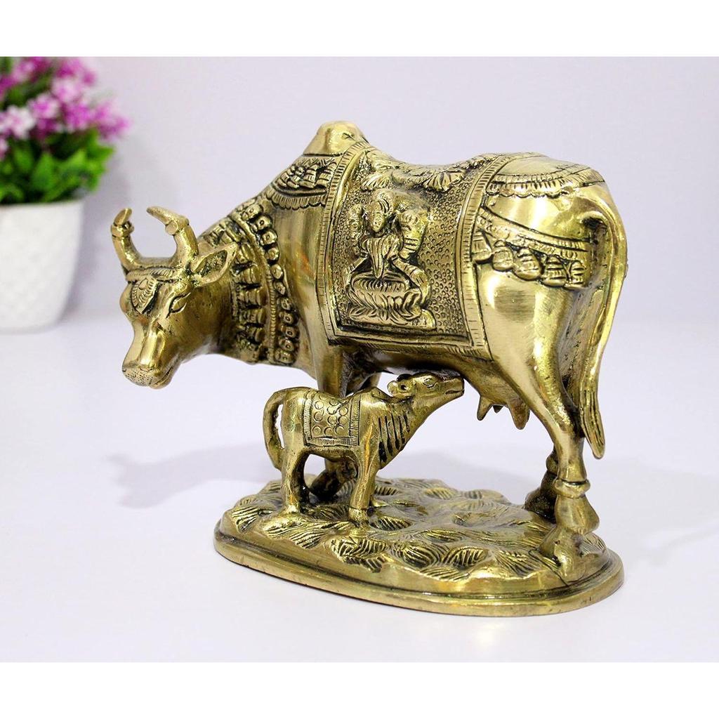 Brass Holy Kamdhenu Kamadhenu Cow and Calf Sculpture - Lucky Figurine Idol Statue Sculpture - 6" Inches