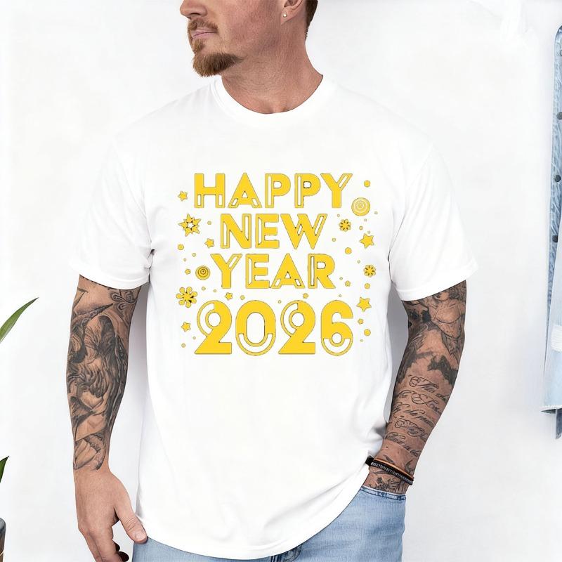 Frohes Neues Jahr 2026 Erwachsenen T-Shirt für Männer und Frauen Rundhalsausschnitt Kurzarm Baumwolle Oberteil Alle Jahreszeiten Lässige Mode Weich Bequem