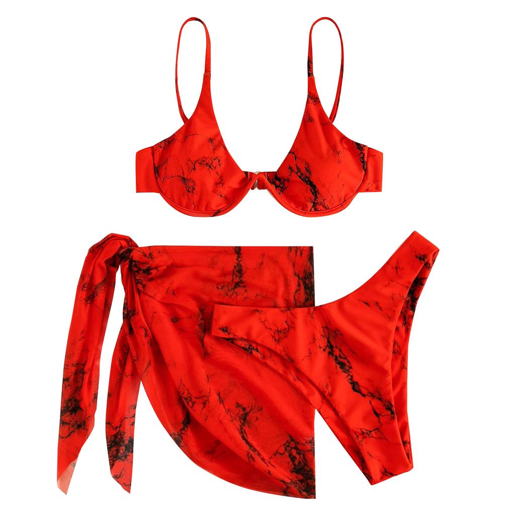 Damen Sommer Mode Sexy Marmor-Druck Verstellbare Schulterträger Taille Schleier Knoten Saum Bikini Dreiteiliger Badeanzug