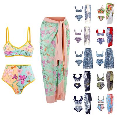 Conjunto de saia longa de maiô feminino sexy com estampa dividida (Três conjuntos)