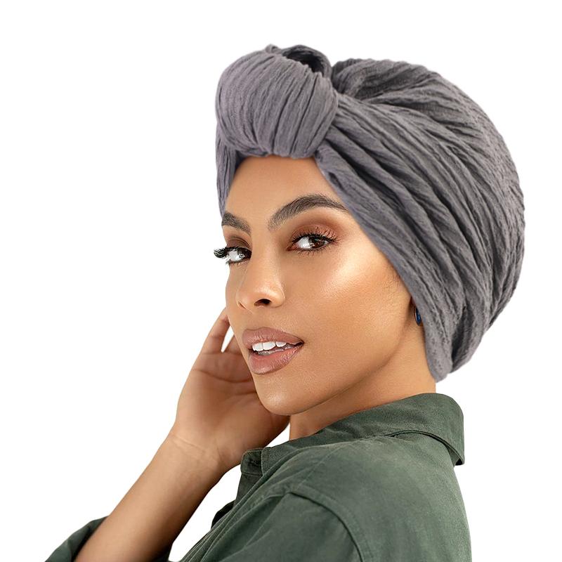 

New Women Stretch ruffle Turban Top Knotted Twisted Hairband Female Muslim Indian Hats Bonnet African Chemo Cap Hair accessories сірий колір