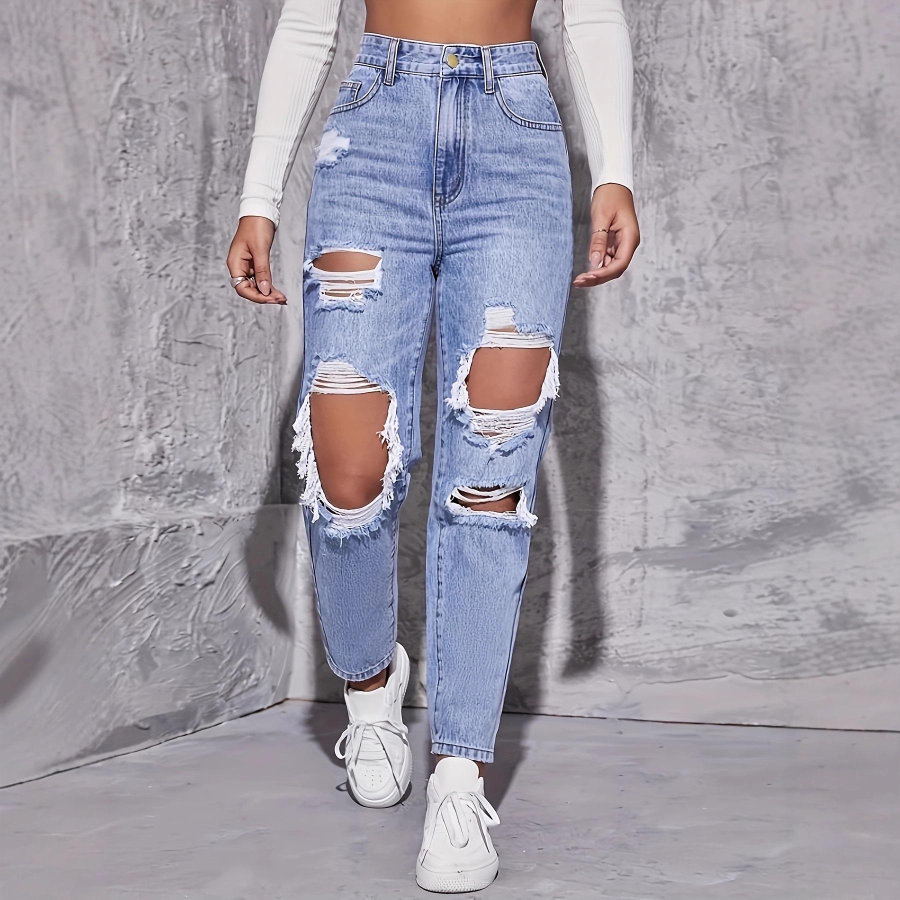 Women s Ripped Salt-Washed Straight Leg Jeans - European & American Fashion Medium светло-синий