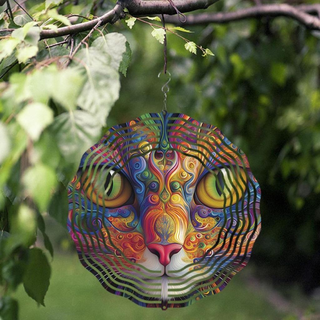 Metal Colorful Cat Wind Chime Handmade Outdoor Garden Decor Vibrant Swirling Patterns No Electricity Needed for Patio