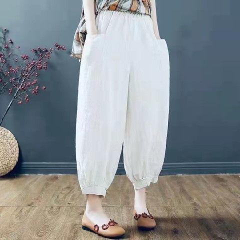 Vintage Harajuku Loose Cotton Linen Bloomers Pants Women Summer Oversize High Waist Elastic Korean Pockets Y2k Pants
