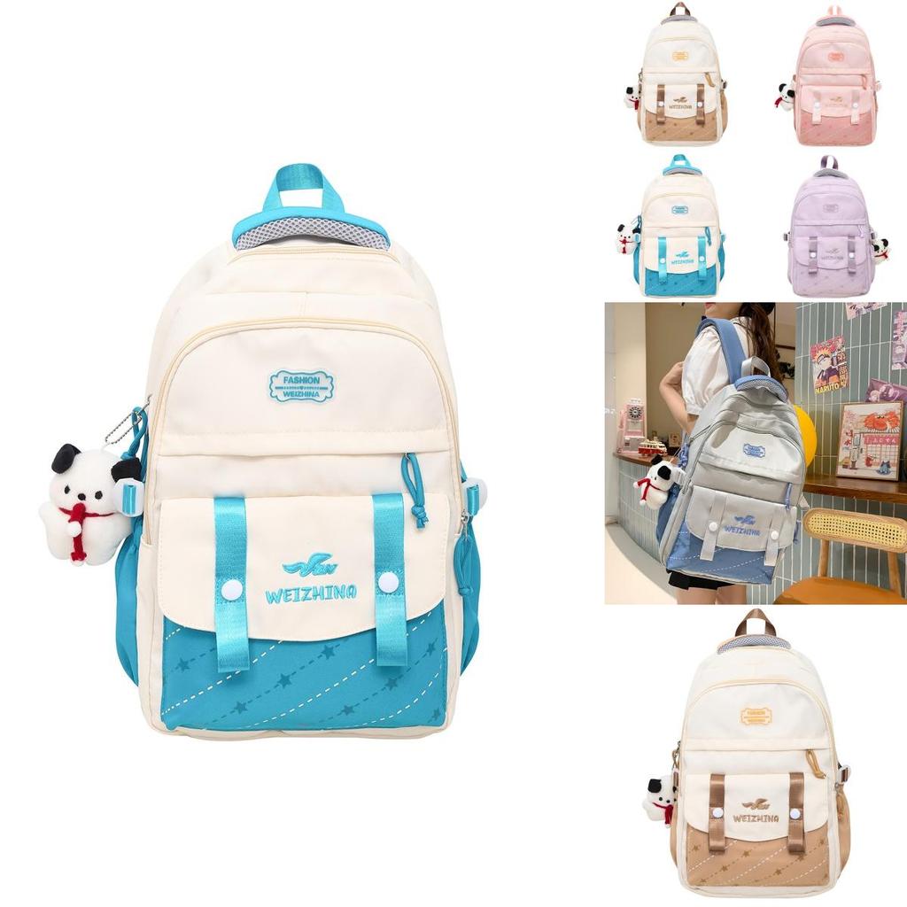 Color Blocked Letter Embroidery Student Backpack With Plush Pendant For Daily Use
