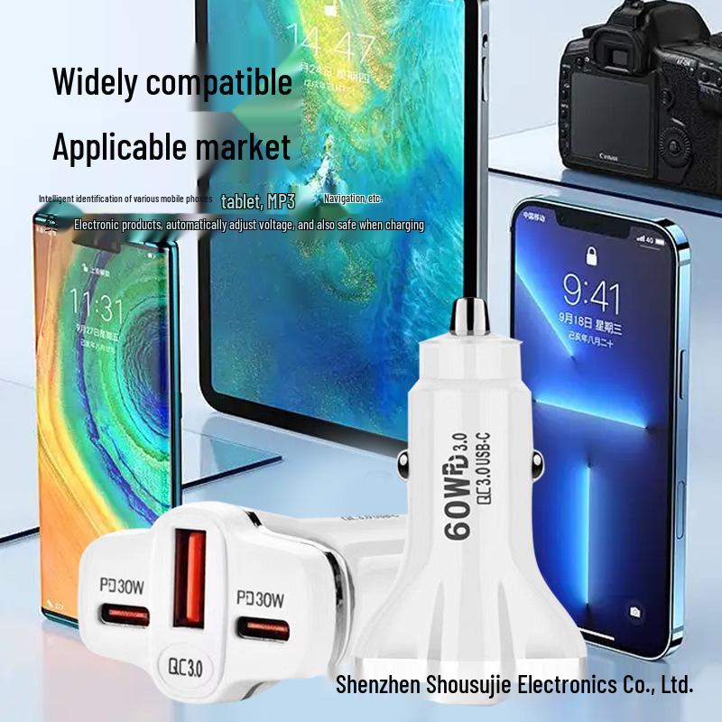 Apple-Compatible Super Fast 60W Car Charger with Three Ports (Dual USB-C)