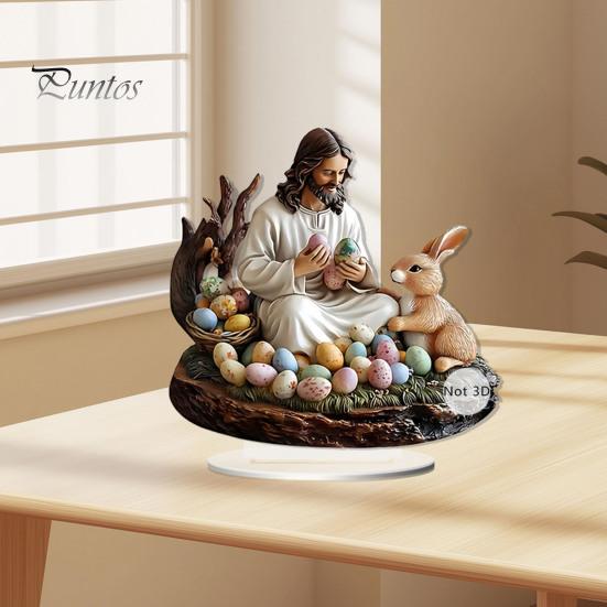Ozdoba velikonočního zajíčka 2D plochá akrylová stolní dekorace Ježíš a králík Barevná vejce Ornament se základnou pro domácí velikonoční párty