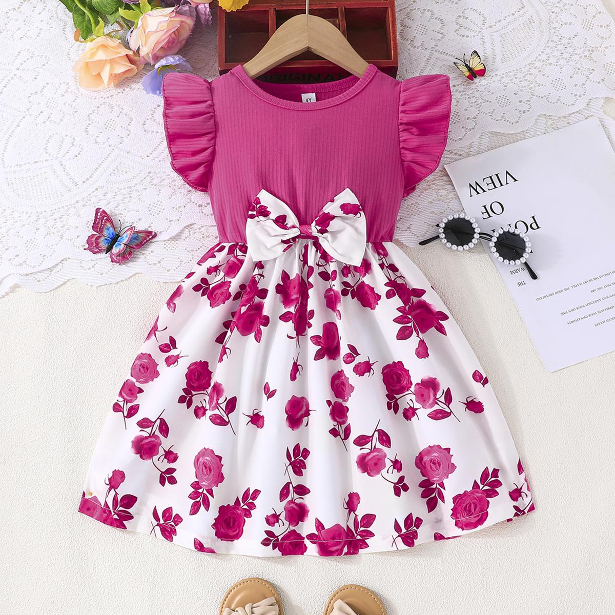 

Girls Ribbed Top Floral Print Dress, Ruffle Trim with Bow Accent, Stylish Outfit 7Y блискучий рожевий колір