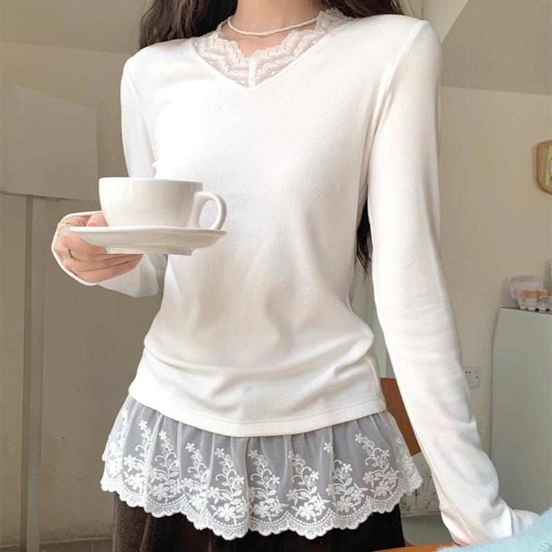 

White fake two-piece lace-edged v-neck bottoming shirt women s winter German velvet with long-sleeved T-shirt loose top XL белый