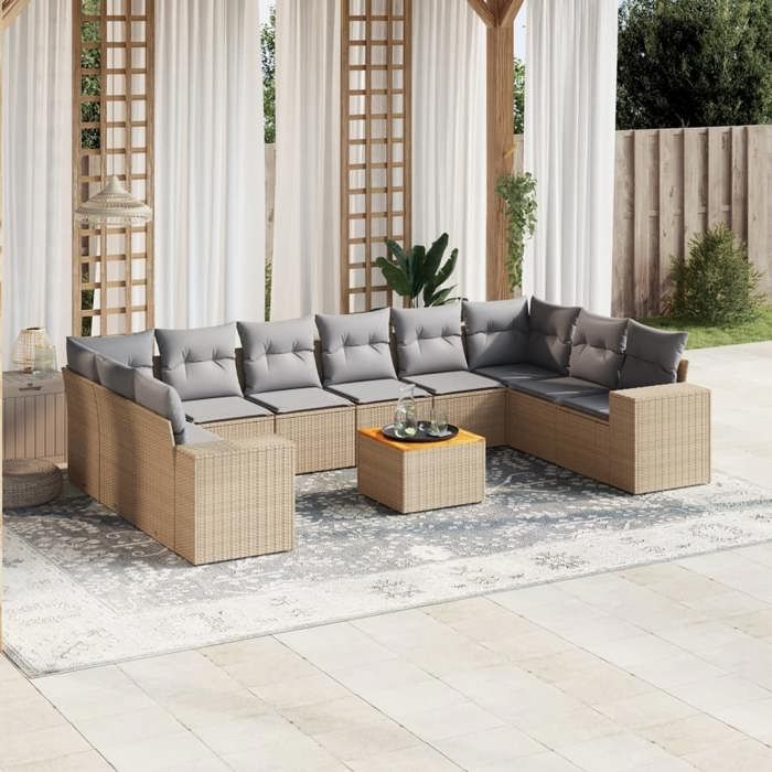 VidaXL Salon de Jardin avec Coussins 11 pcs, Canapés de Terrasse, Ensemble de Meubles de Patio, Mobilier d'Extérieur, Beige 3257949