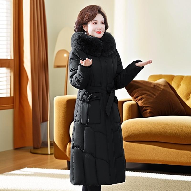 

Зимнее женское пуховое пальто парка пуховики длинные приталенные меховой воротник капюшон матери парки теплые пальто верхняя одежда XXL чёрный