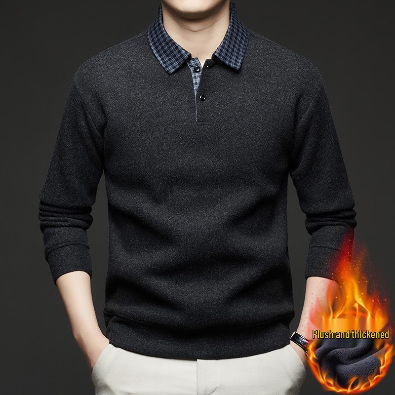 2025 Fall/Winter Men's Faux Two-Piece Sweater - Plus Velvet, Solid Color, Warm Knit Base Layer for Middle-Aged Dads