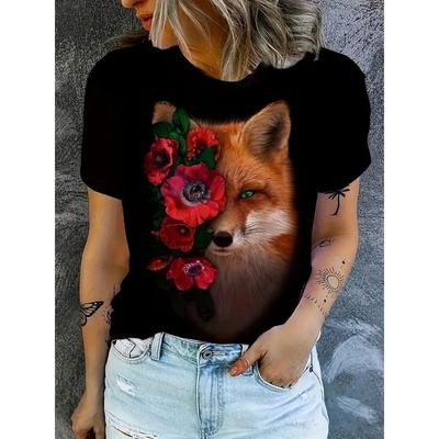 Women Cute Fox Graphic T Shirts Fashion 3D Print Harajuku Animal Short Sleeve T Shirt Top Casual Trendy Crew Neck Women Clothing
