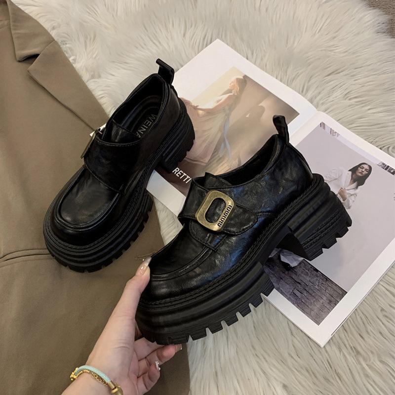 thick-soled thick heel British style small leather shoes women's 2025 new versatile height-increasing women's shoes single shoes black loafers women's