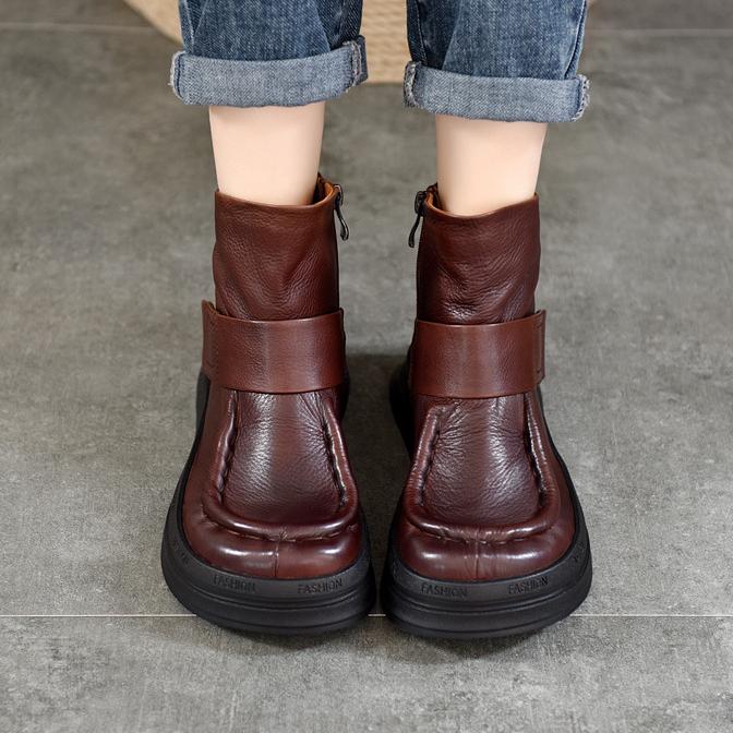 Johnature Vintage Genuine Leather Handmade Shoes Round Toe Short Boots Casual Versatile Women's Shoes