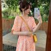 French retro fresh summer new bead neck orange floral dress lady bubble sleeve short sleeve skirt
