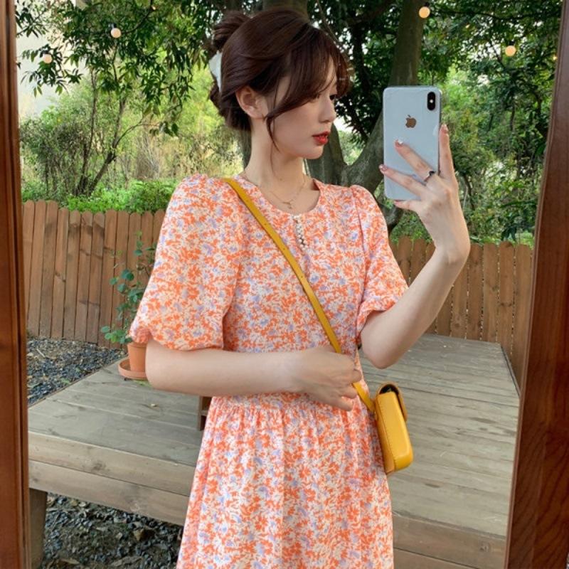 French retro fresh summer new bead neck orange floral dress lady bubble sleeve short sleeve skirt