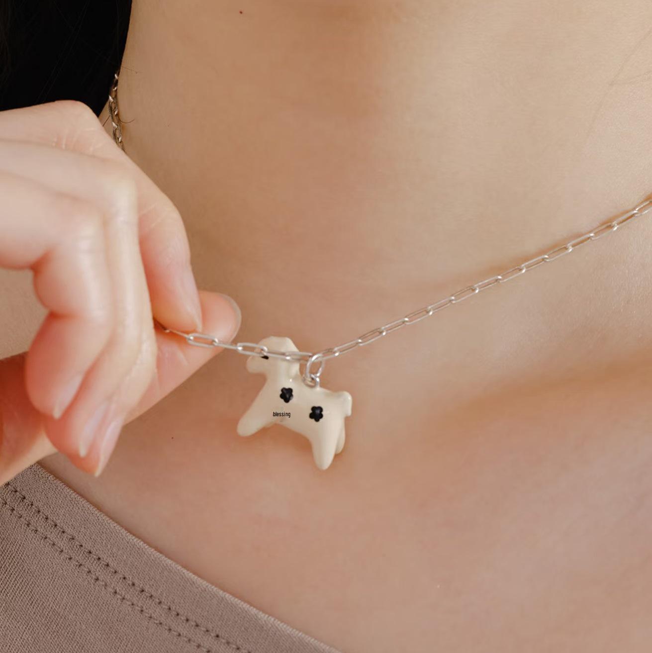 Handmade Cute Enamel Horse Stud Earrings & Fresh Glaze Collarbone Necklace