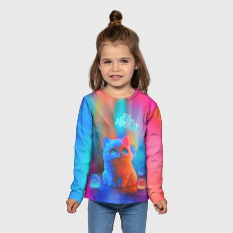 Children's Cartoon Animal Colorful Kitten Print Cute T-shirts Boys Long Sleeved Fashionable Soft Comfortable Top