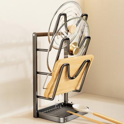 Kitchen Pot Lid Storage Rack Carbon Steel Pot Lid Holder While Cooking Pot Lid Stand with Spoon Rest Removable Drip Tray for Countertop Pan Lid