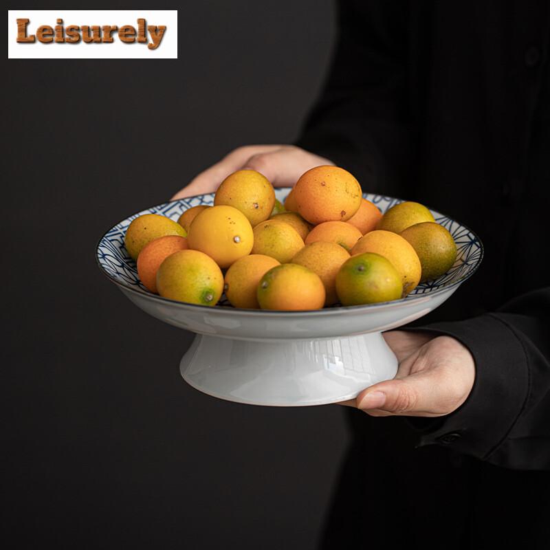 Antique Blue and White Round Rhyme Pot Bearing Holder Fruit Snack Pastry Plate Household Dessert Candy Dish Food Storage Tray