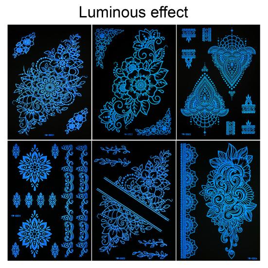 6Pcs Glow in Dark Tattoo Stickers, Lace Temporary Body Art for Hands, Waterproof Indian Mehndi Tattoos for Women Girls