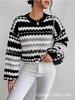 Autumn/winter new cross-border black-and-white striped color-block knit sweater, loose versatile pullover, mid-length lazy sweater for women
