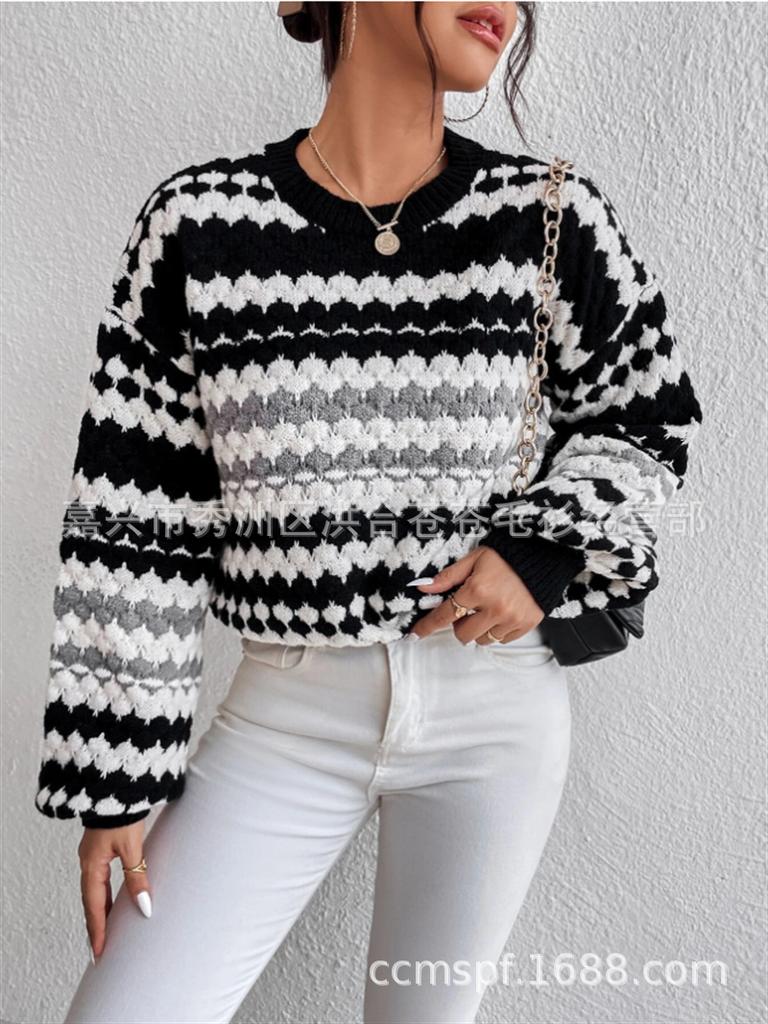 Autumn/winter new cross-border black-and-white striped color-block knit sweater, loose versatile pullover, mid-length lazy sweater for women