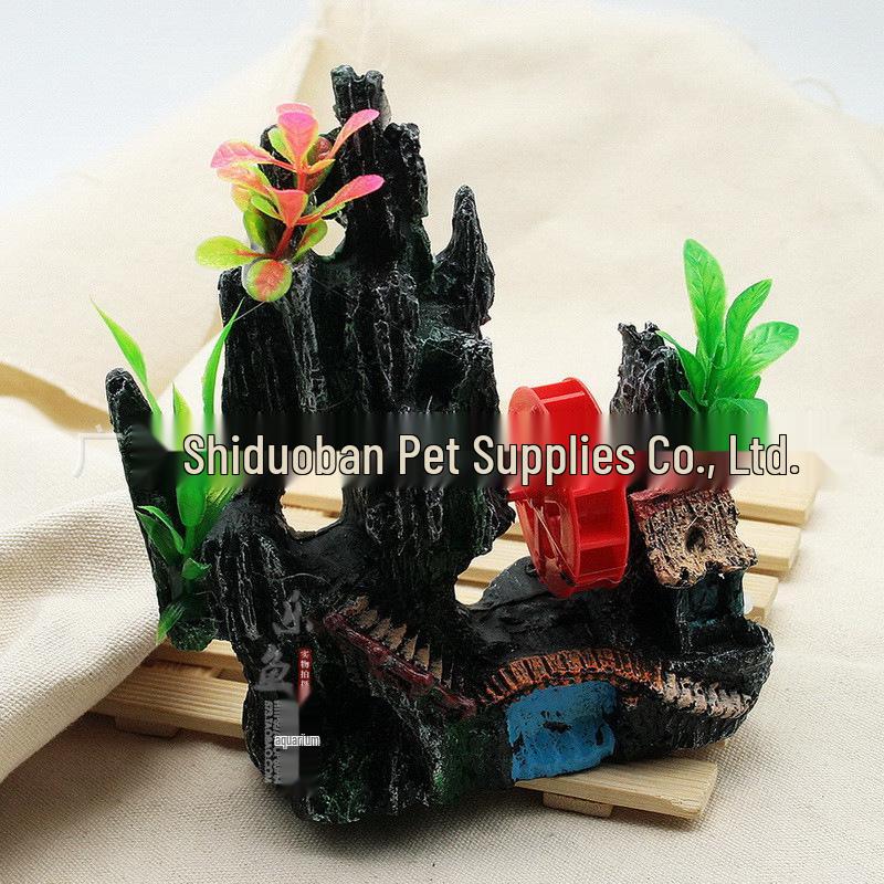 Aquarium Rockery Windmill Decoration with Air Pump-Driven Water Wheel