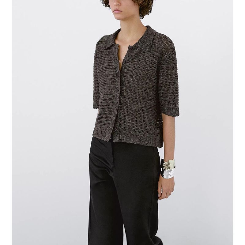 MD Spring and Summer Women's Clothing Old Money Style Relaxed Feeling Lazy Cut Out Polo Collar Short Sleeve Knitting Cardigan 5704559