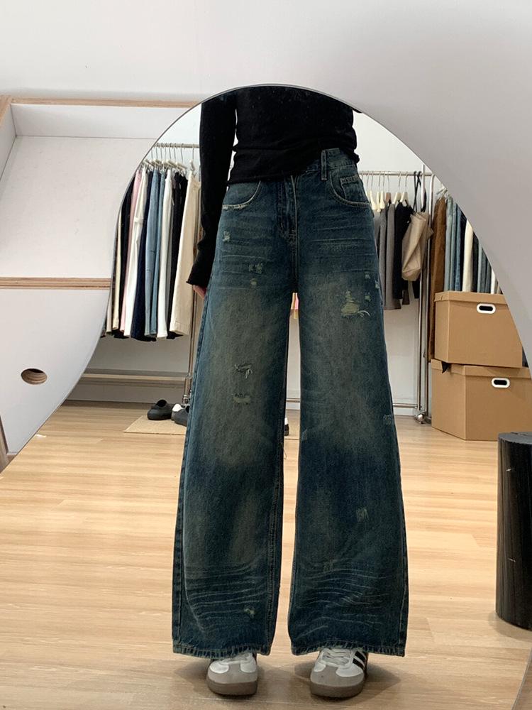 

Women s High Waist Retro Ripped Wide-Leg Jeans - Autumn 2025 Trendy Straight-Leg Trousers XS синій