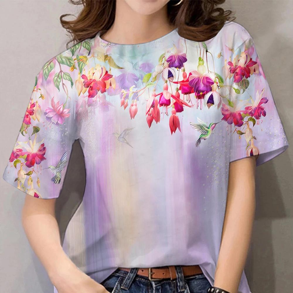 Women's T-shirt 3D Painted Flower Women's Casual O-neck T-shirt Basic Clothing Summer Women's Daily Life