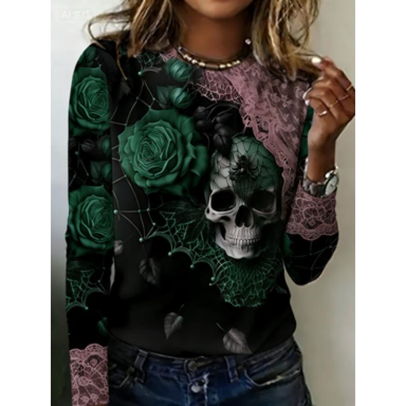(Halloween neuer Stil) Rundhals-T-Shirt mit Totenkopf-Blumen-Print und langen Ärmeln