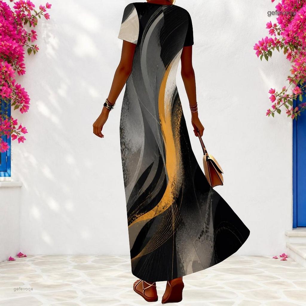 Women Plus Size V Neck Short Sleeve Gradient Printed Maxi Dress