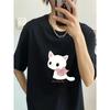 Women's White Cute Cat Print Tee Round Neck Short Sleeve Vintage Elegant Casual Sexy Fashion New Arrival Top