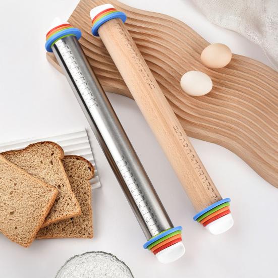 Easy to Clean Rolling Tool for Cookies Pin with Thickness Rings, Ergonomic Measurement Markings Kitchen Tool, Rust Resistant Metal Dough Non-Stick