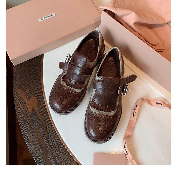 Grape Mother of the Same Style, Heavy Industry Horse Leather British Style Retro Thick Heel Fringed Carved Baroque Leather Shoes Women's Genuine Le