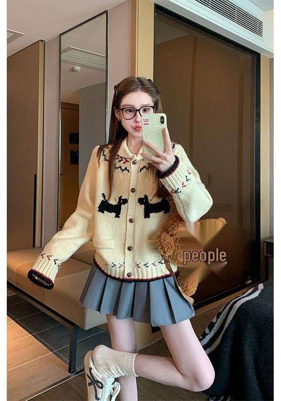 Women's Retro Fair Isle Dog Knit Cardigan - Loose, Lazy Style for Autumn/Winter 2026