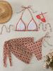 2025 European & American Three-Piece Knitted Bikini Set: Print Halter Neck & Short Skirt Swimwear for Women