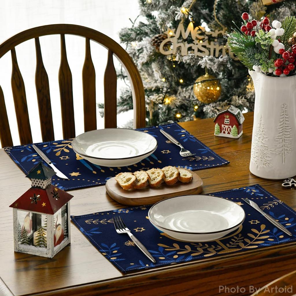 Artoid Mode Menorah Star Olives Hanukkah Placemats Set of 4, 12x18 Inch Chanukah Holiday Table Mats for Party Kitchen Dining Decoration