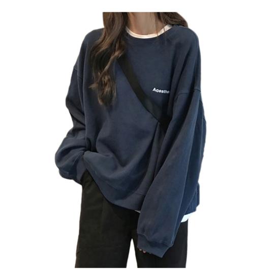 Women Long Sleeve Solid Color Loose Blouse Letters Print Sweatshirt Pullover