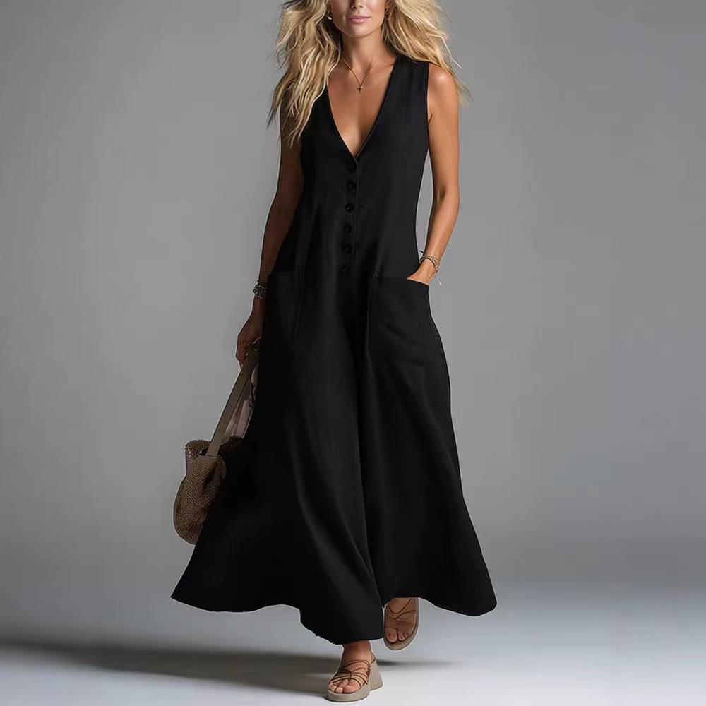 2026 Euro-American Deep V-Neck Sleeveless Pocket Long Dress
