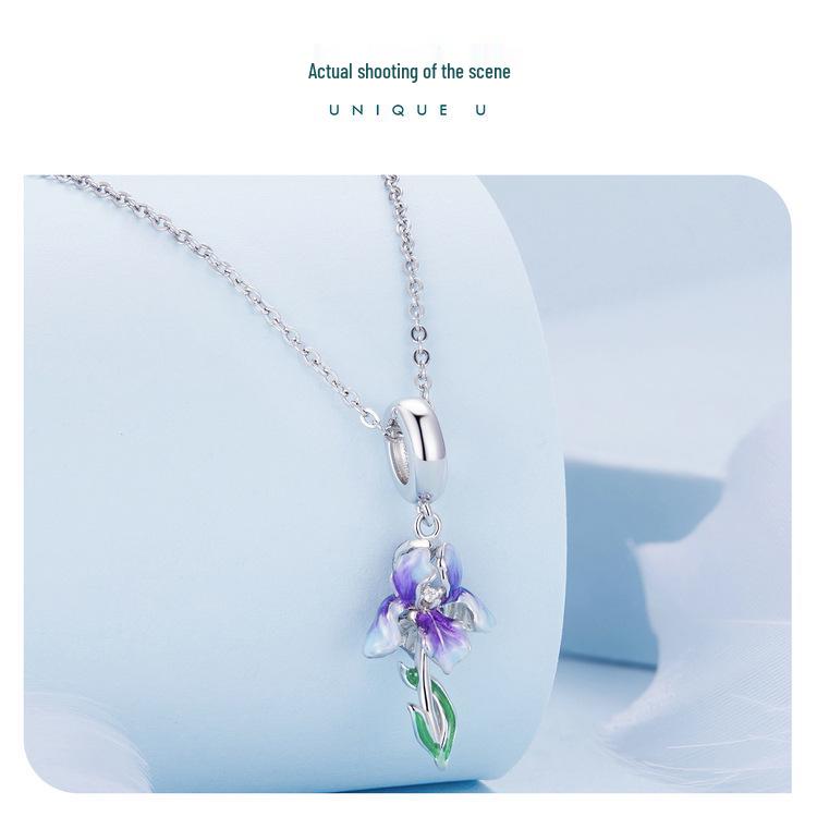 Silver Iris Gradient Oil Drip Pendant & S925 Sterling Flower Bracelet Beads