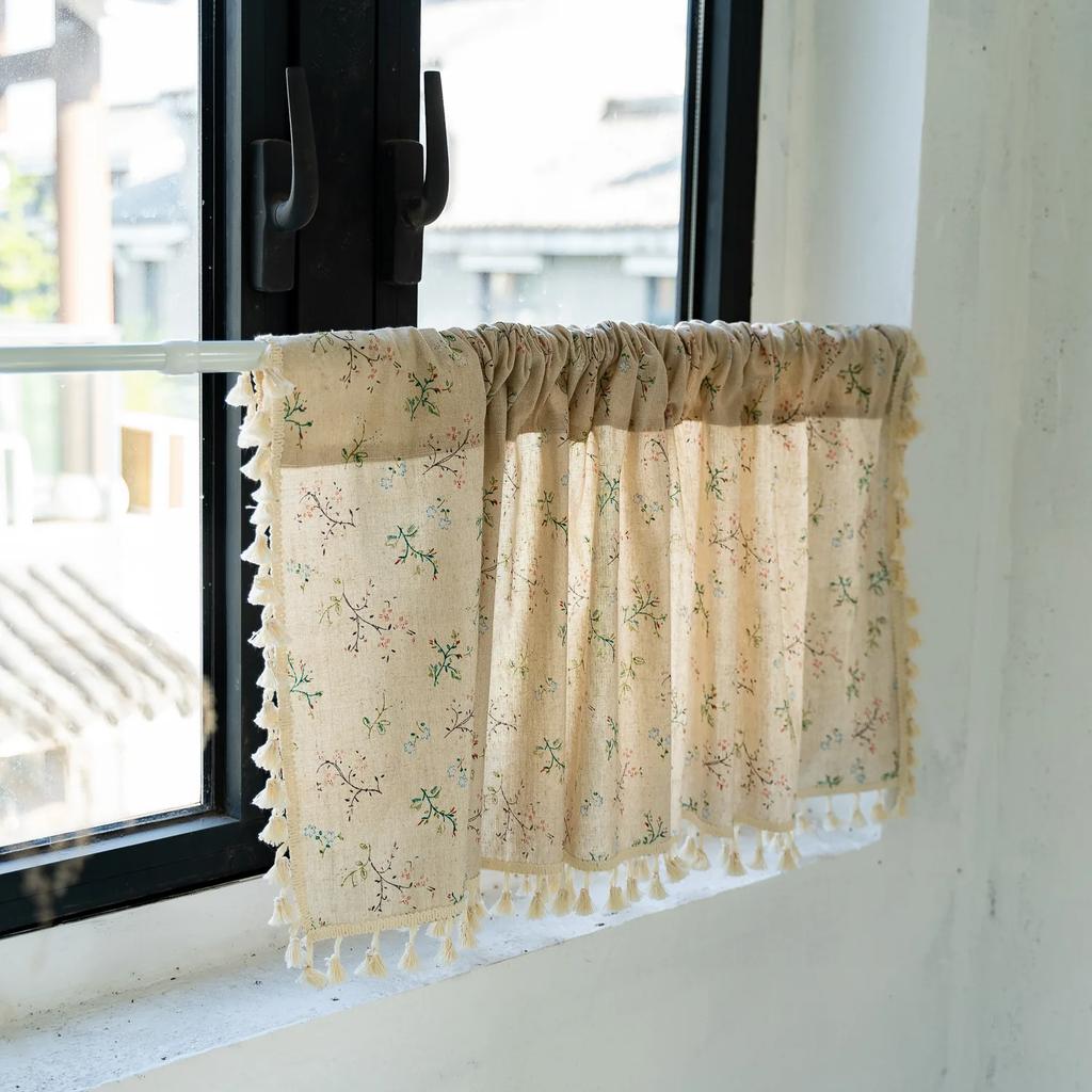 American European Vintage Peony Floral Curtains For Living Room Bedroom Window Linen Curtain Short Cabinet Curtain for Kitchen