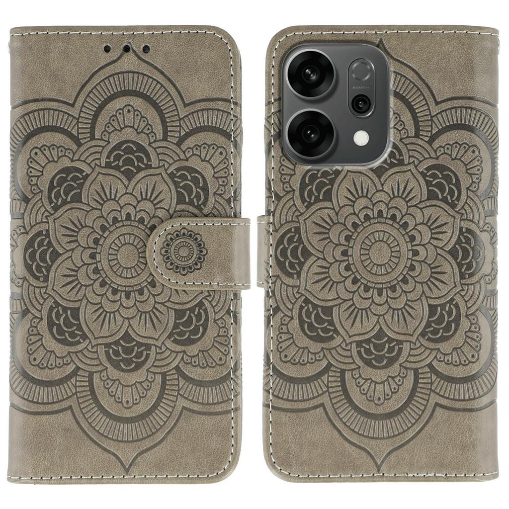 For Oppo Reno14 5G (Global) Case PU Leather Mandala Imprinted Design Wallet Phone Cover with Wrist Strap