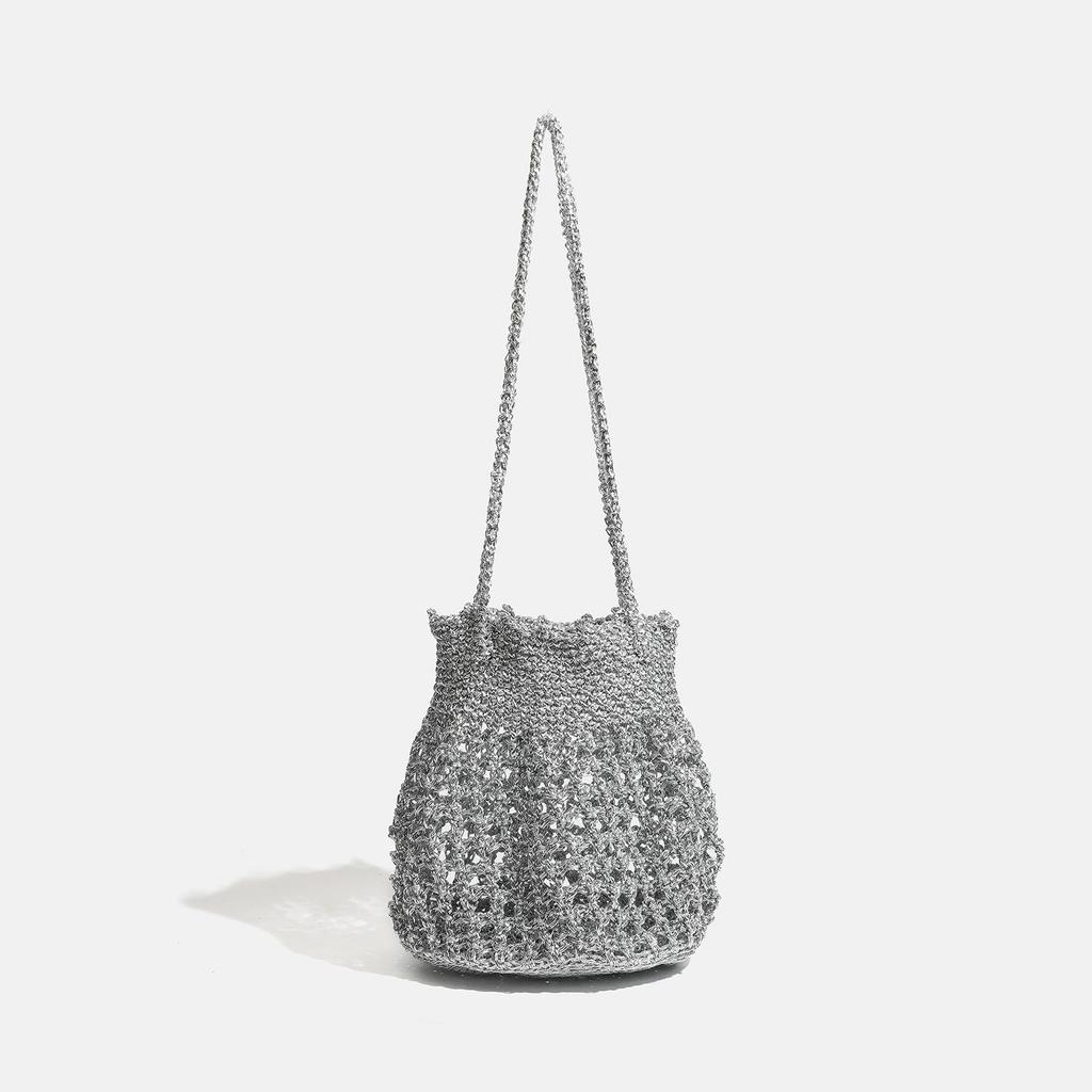 Niche Handmade Crochet Woven Bag with High-end Feel, Hollowed Out Large Capacity Water Bucket Bag, Sparkling Silver Wire Shoulder Bag