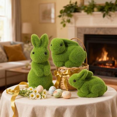 Green Flocked Easter Decorations Simulation Moss Moss Green Easter Bunny Figurines Artificial Fake Animal Faux Moss