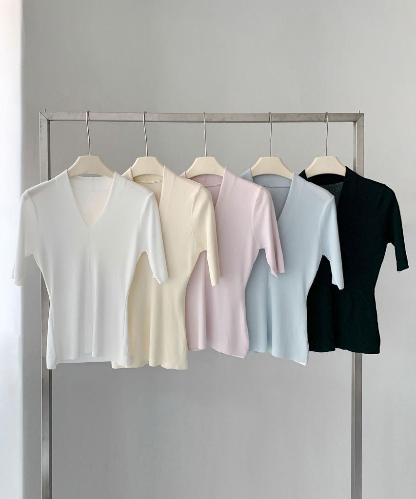 Baseukala Deep V-Neck Ribbed Short Sleeve Knit (5Colors)