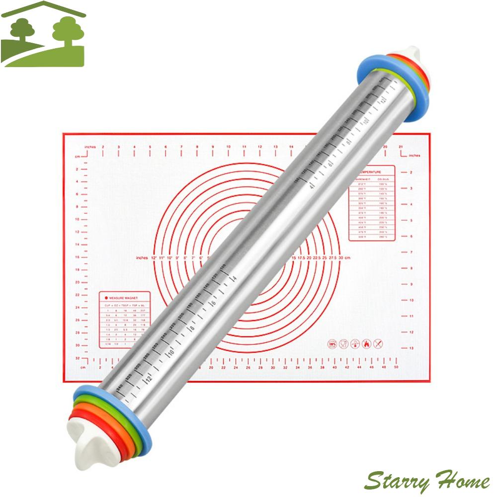 Abnehmbare Ringe Edelstahl Nudelholz Dicke Antihaft Teigroller Glatte Oberfläche Verstellbare Silikon Knetmatte