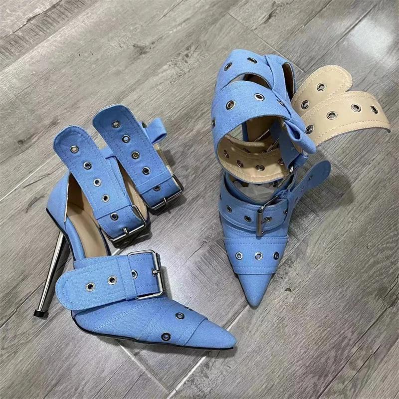 Fashion New Women Denim Metal Rivet Buckle Sandals Women Sexy Punk Style Pointed Hollow Metal 11cm High Heel Knee High Boots Size34-43